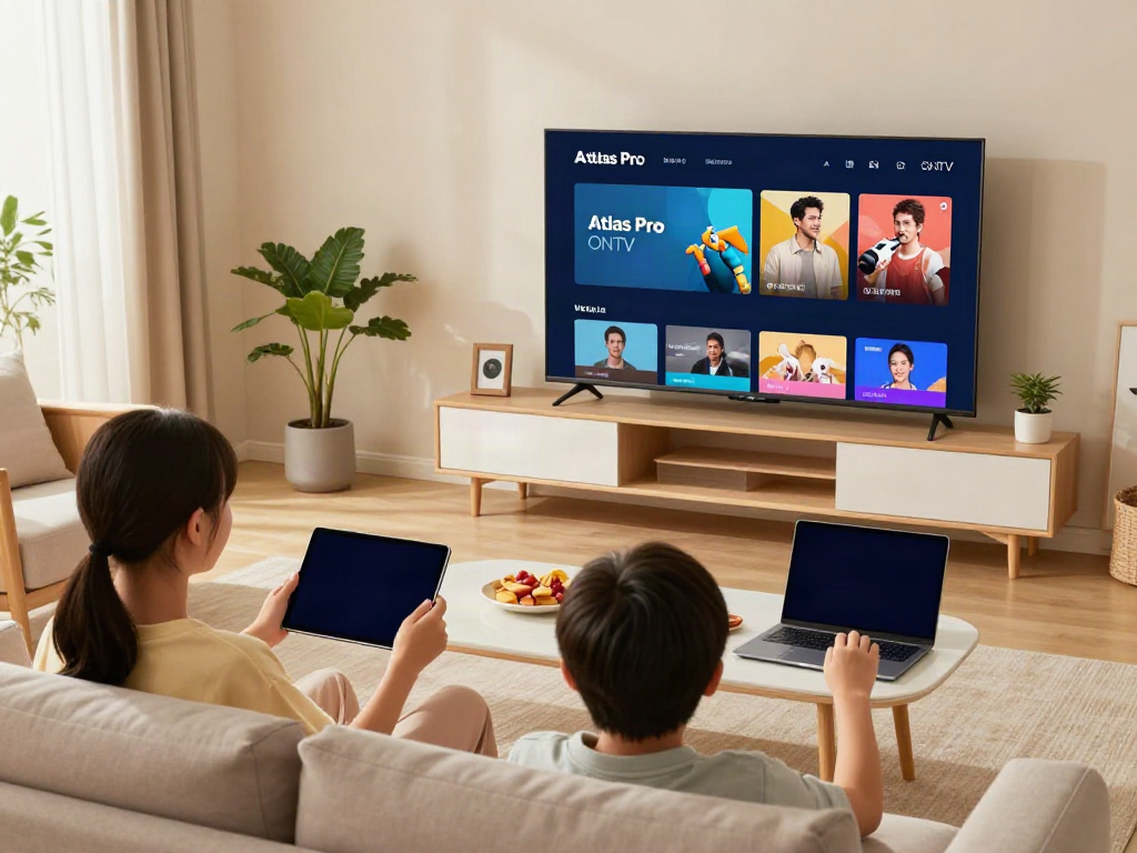 Profitez d'Atlas Pro dans un salon moderne avec une famille se divertissant.