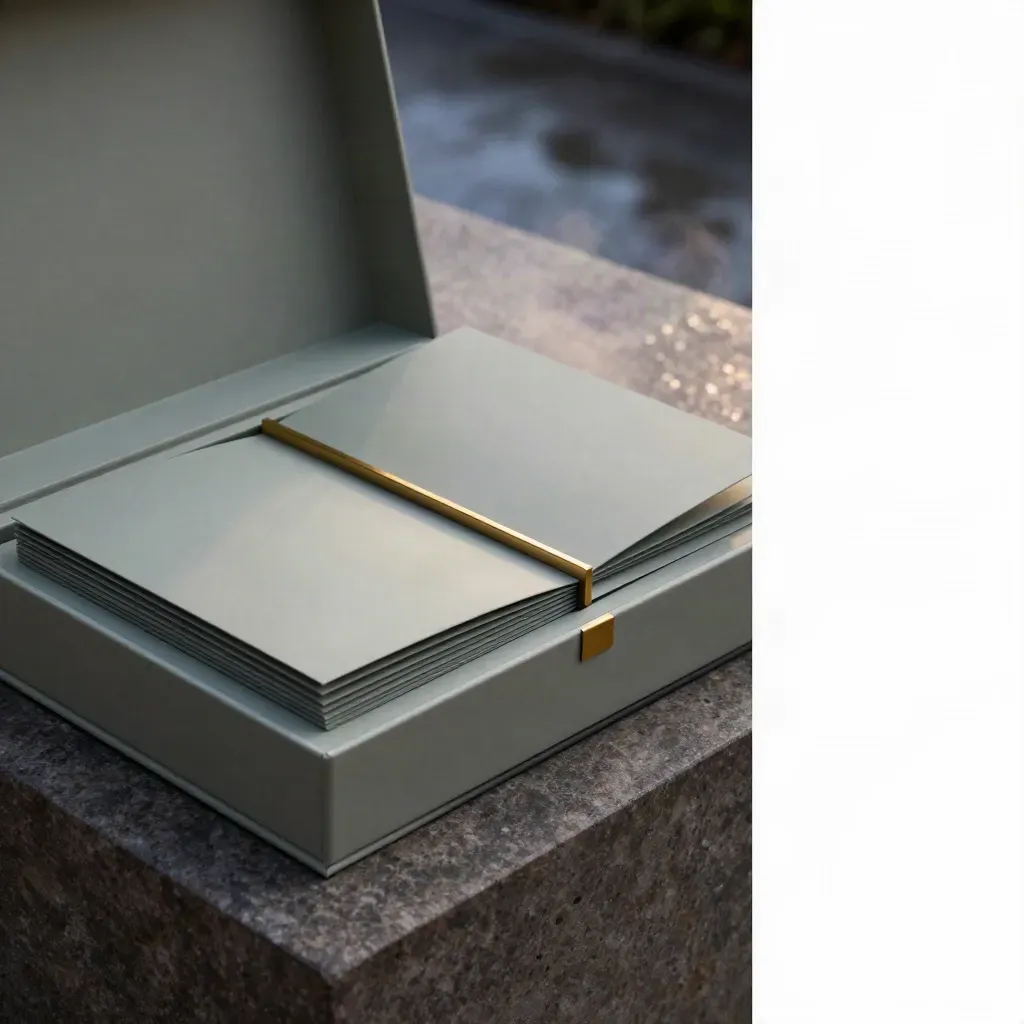Kit de lancement retail ouvert sur socle en pierre fumée, lumière bleue humide et reflets dorés.