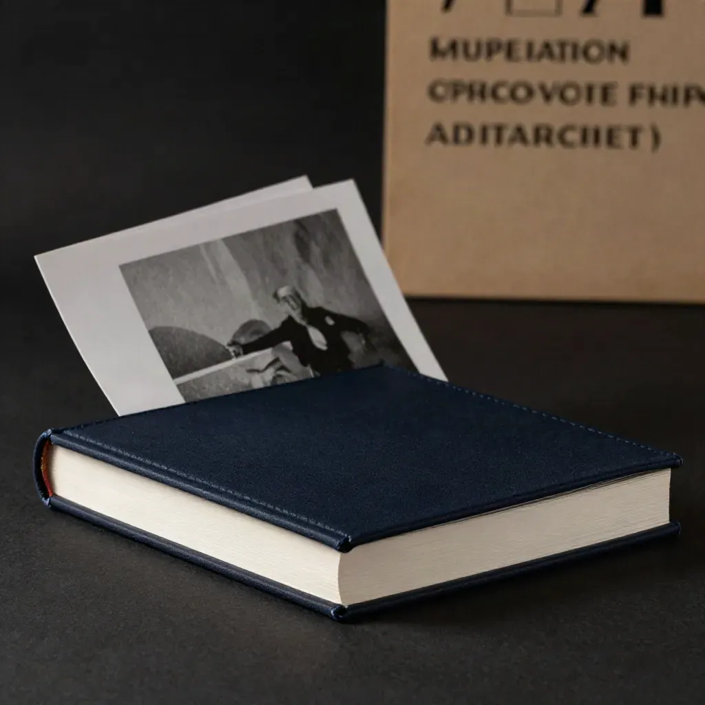 Livre de marque noir en tissu marine, avec deux feuilles sur fond studio sombre.