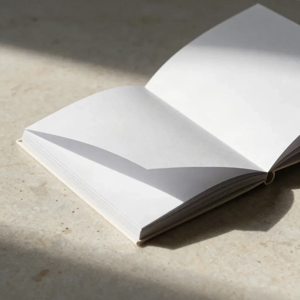 Gros plan d’un pack fiche produit blanc sur travertin, ouvert sur ses couches.