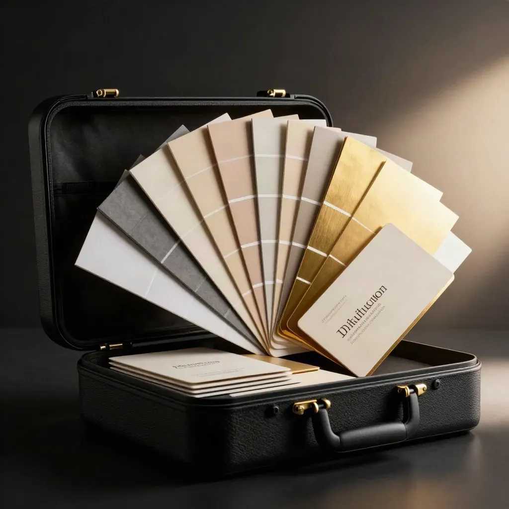 Kit de lancement produit jaillissant d’un étui noir mat, nuanciers dorés, ambiance studio sombre.