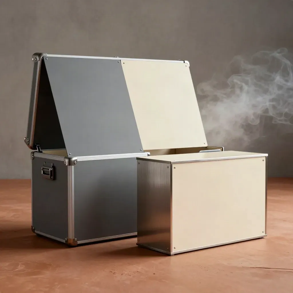 Pack salon pro ouvert avec panneaux modulaires et comptoir d’accueil sur sol terracotta.
