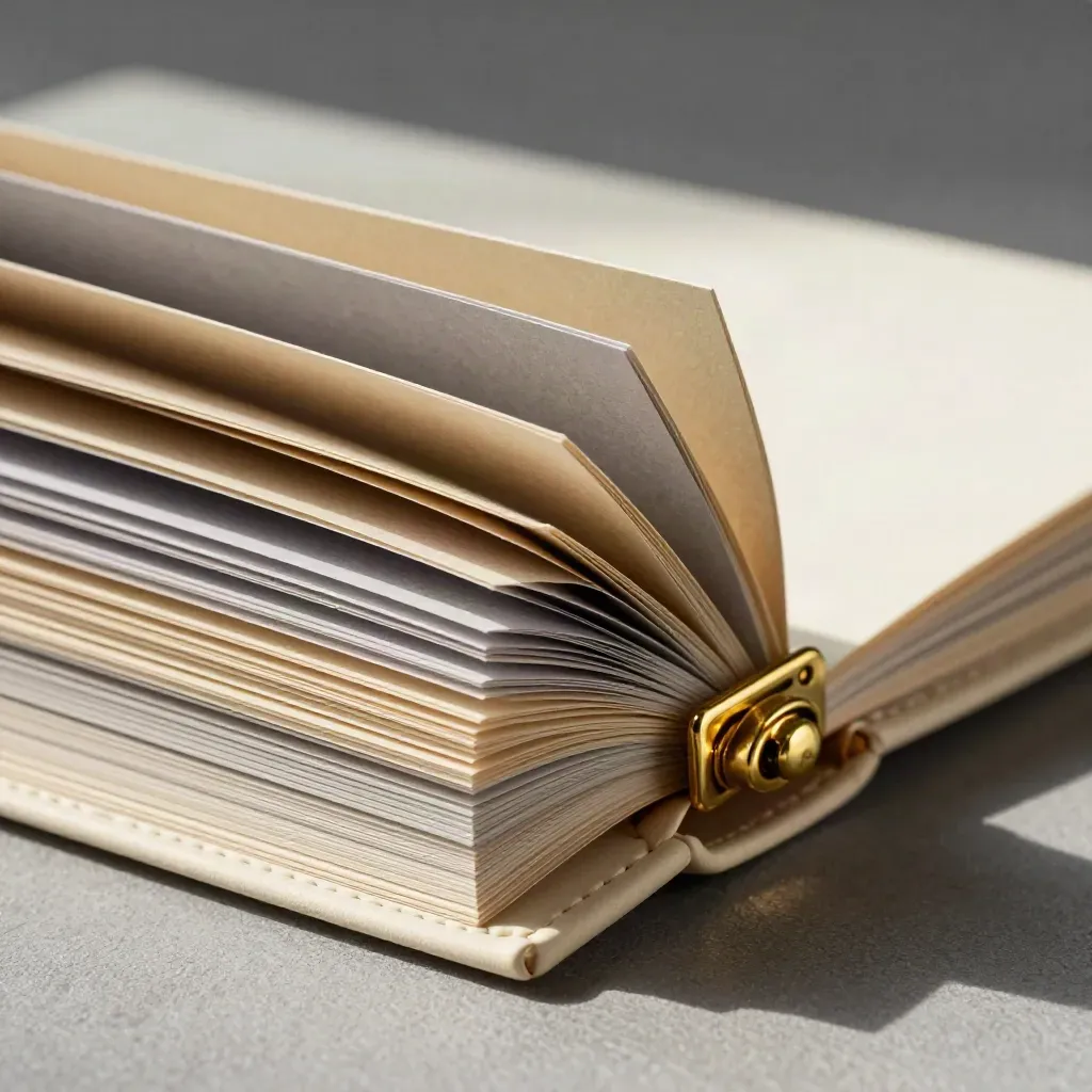 Gros plan d’un dossier presse en étui rigide, papier crème et clip laiton sur fond sombre.