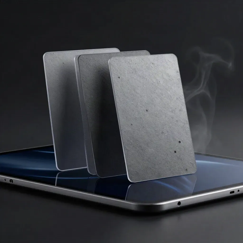 Trois cartes de validation et une tablette en verre sombre sur fond studio dramatique.