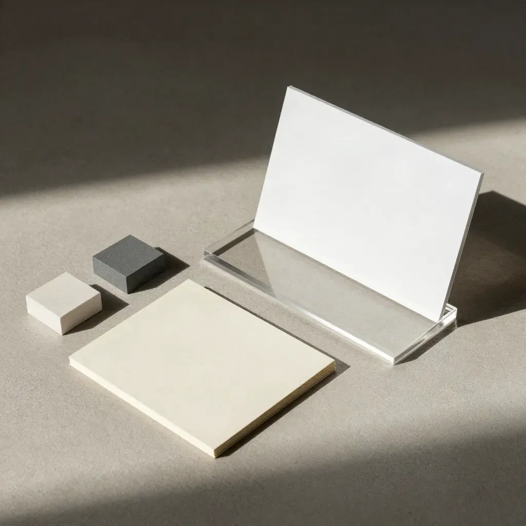 Kit photo produit minimaliste avec fond, socle acrylique et cartes d’échantillons sur béton.