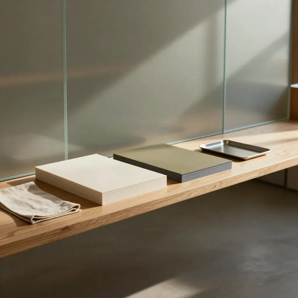 Intérieur en chêne avec panneaux dépoli, matières papier et ombres textiles douces