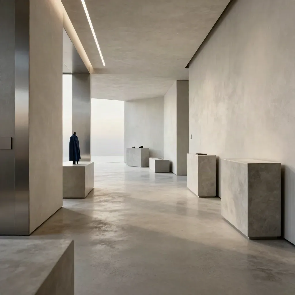 Couloir retail haut de gamme en béton poli, lumière rasante et vide calme pour le texte.