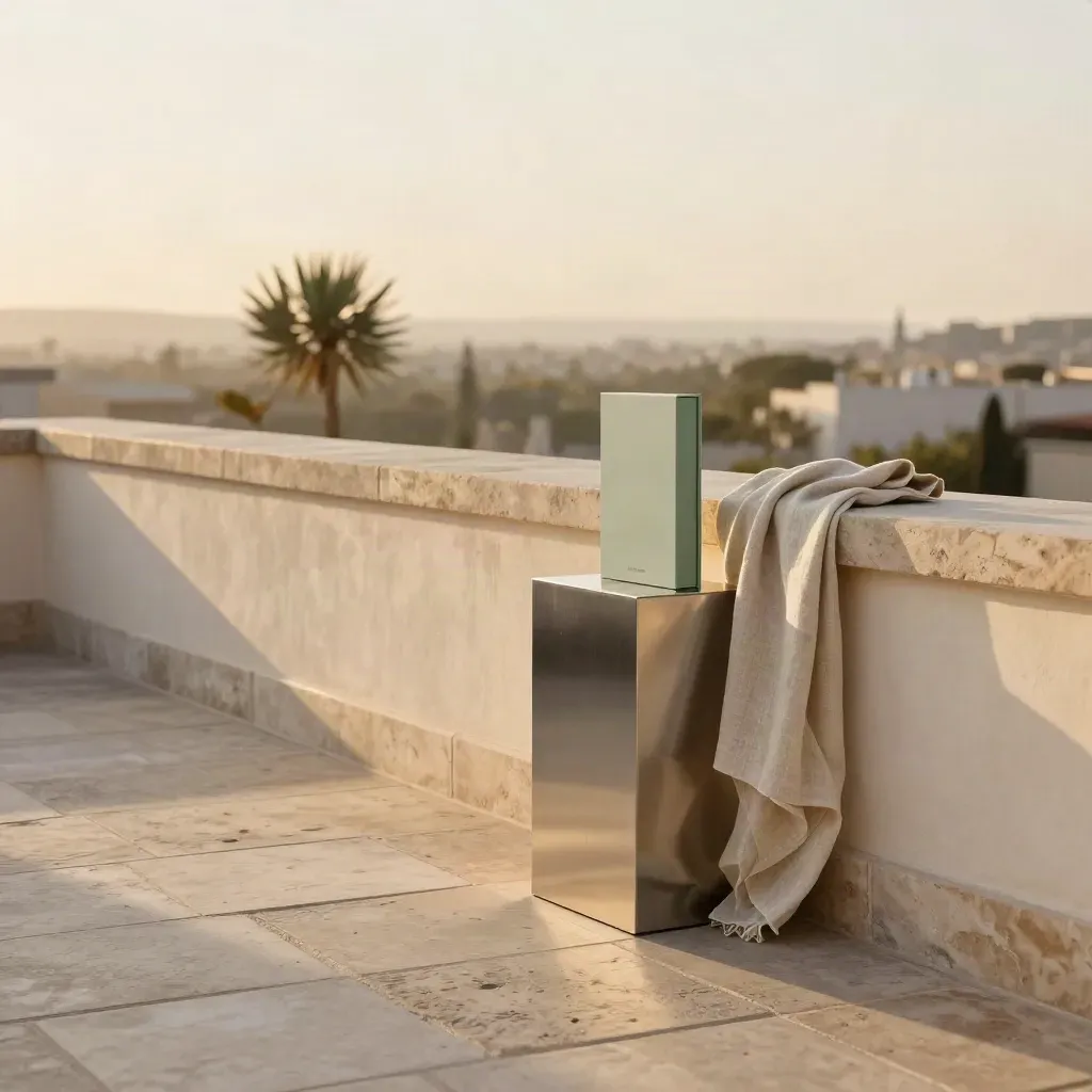 Toit-terrasse baigné d’or, pierre usée, skyline floue et plante adoucie en hauteur.